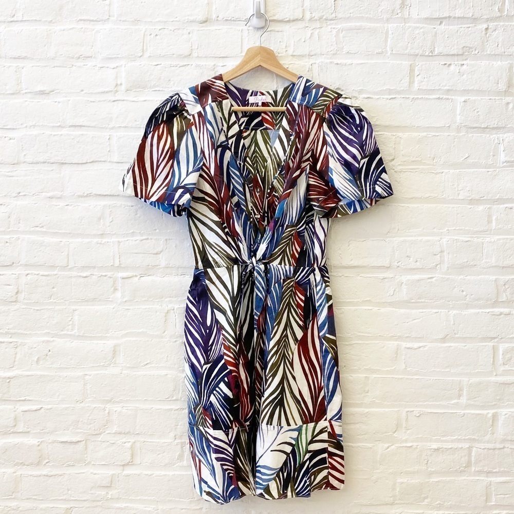 Parker || Shelia Feather Print Button Down‎ Dress Tie Waist 8